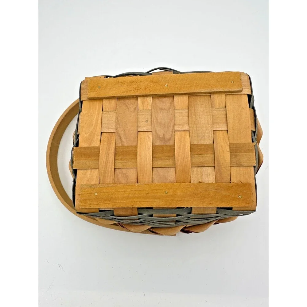 Vintage Handwoven Wood Basket‎ w/ Burgundy Ribbon Trim – 8x7 Oval Carry Basket